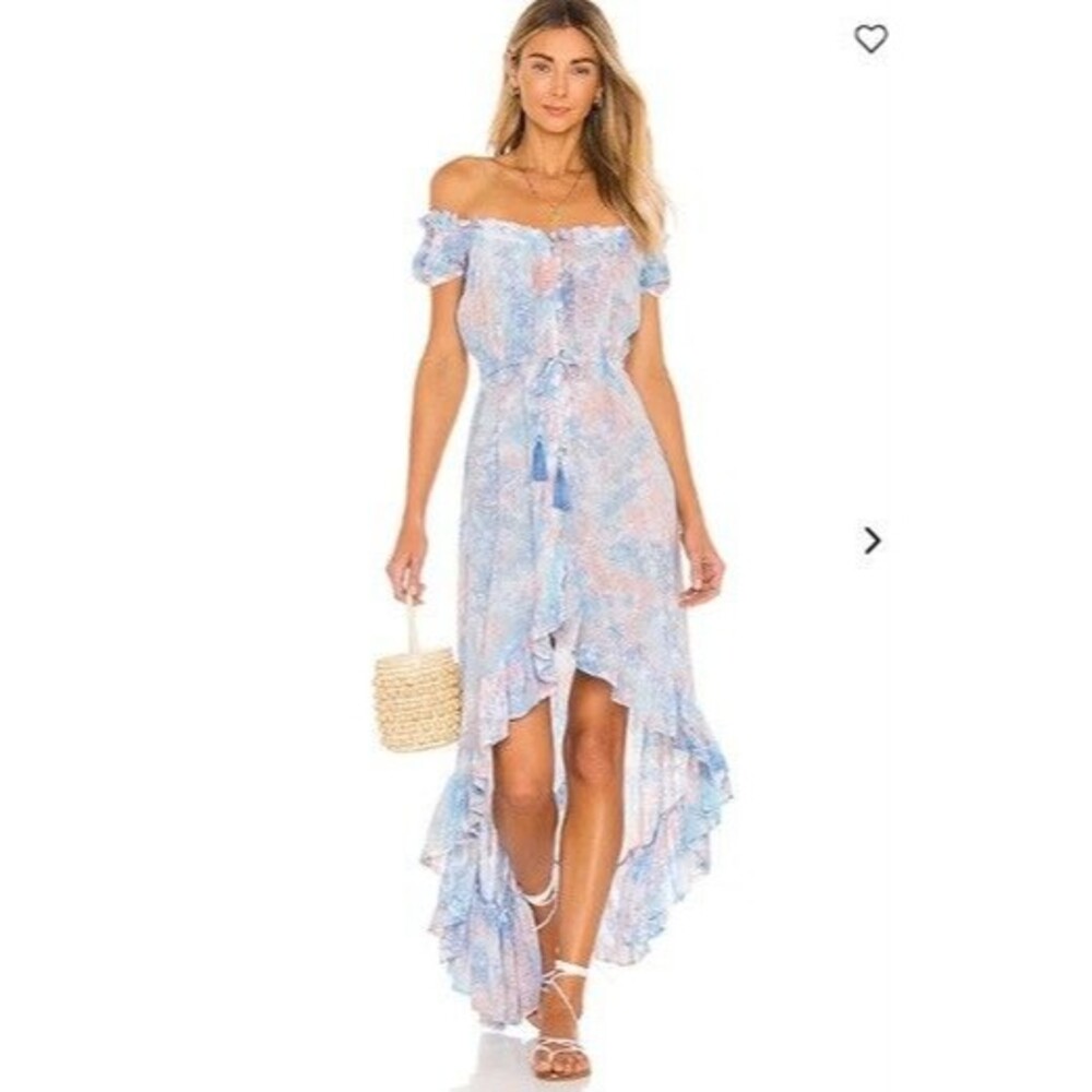 Tiare Hawaii Watercolor Hi Low Ruffle Midi Dress Pink Blue S/M Coastal Resort